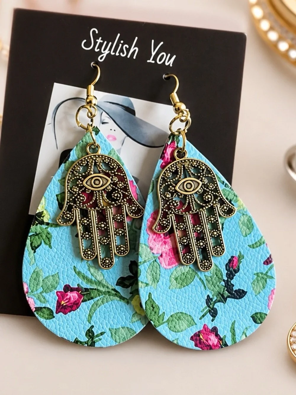 Chic Style Gold Hamsa Teardrop Earrings in Turquoise Floral